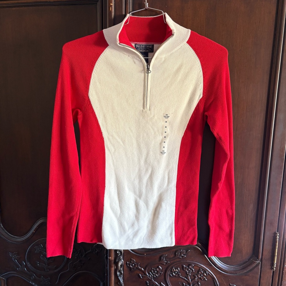 NWOT Polo Ralph Lauren Y2K Women’s Quarter Zip Red & White Sweater Medium